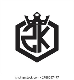 ZK Logo monogram rounded by hexagon shape with crown design template on white background