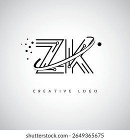 Logotipo de Monograma de Órbita ZK - Marca de Letra Mínima Futurista com Linha de Arte Circular, Pontos Inspirados na Tecnologia e Conceito de Movimento Espacial para Identidade de Marca Moderna