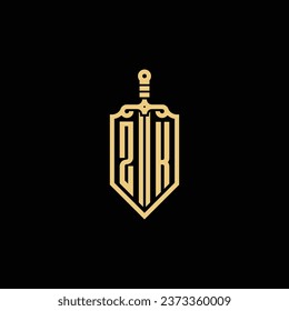ZK vintage shield and sword initial logo in high quality professional design that will print well across any print media