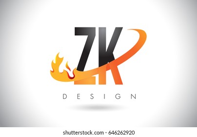 ZK Z K Letter Logo Design with Fire Flames and Orange Swoosh Vector Illustration.