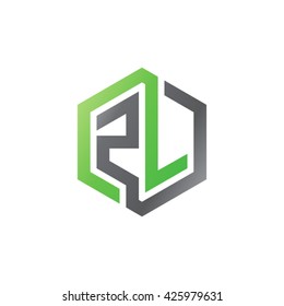 ZL initial letters looping linked hexagon logo black gray green