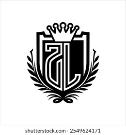 Letra ZL logotipo heráldica forma de escudo com coroa, vintage escudo sobre fundo branco modelo design