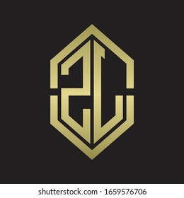Monograma del logotipo ZL con forma hexagonal y estilo de división de esquema con colores dorados