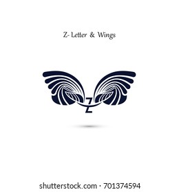 Z-letter sign and angel wings.Monogram wing vector logo template.Classic emblem.Elegant dynamic alphabet letters with wings.Creative design element.Flat web design wings icon.Vector illustration.