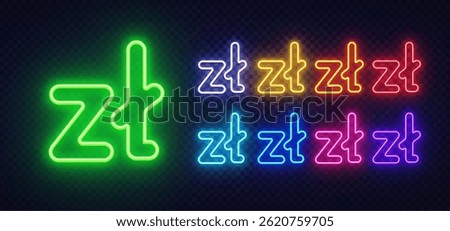 Zloty currency icon in glowing neon with central green letter and colorful duplicates. Each variation shines in a distinct hue with strong contrast.