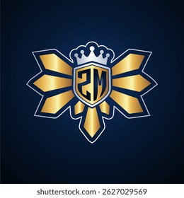 ZM initial letters monogram logo for gaming with shield and eagle wing