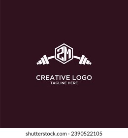 ZM initial monogram for fitnes or gym logo with creative shield and barbell design