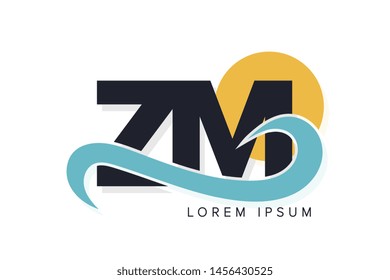 ZM letter logo with ocean waves and sunset. Beach concept design