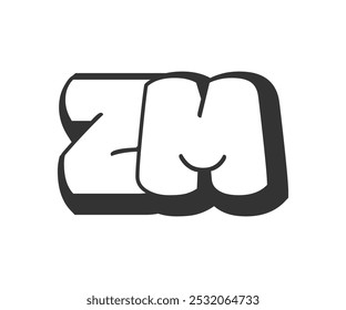 Logotipo de ZM, letras cómicas de burbujas, redondeadas en estilo de graffiti silueta en blanco y negro. Texto de moda de la letra Z y M preescolar para la fiesta del festival, iniciales personales, impresión funky de los niños y Web.