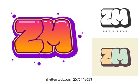 ZM logo design for festival or party. Initial letter z and m in graffiti style. Creative modern lettering company name of font typography. Kids trendy logotype or identity. Vector illustration.