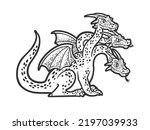 Zmei Gorynich three headed dragon serpent Russian folktales character sketch engraving vector illustration. Scratch board imitation. Black and white hand drawn image.
