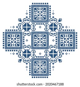 Zmijanje embroidery style vector pattern - traditional folk art design from Bosnia and Herzegovina with abstract geometric shapes. Blakan heritage ornament, old hand-made bachkground in dark blue 