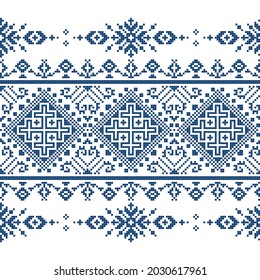 Zmijanjski vez cross stitch style vector seamless pattern - traditional textile or fabric folk art print background inspired by cross stitch designs from Bosnia and Herzegovina. Retro Balkan art