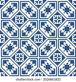 Zmijanjski vez embroidery style vector folk art seamless pattern - textile or fabric print design from Bosnia and Herzegovina. Traditional Balkan unique ornament, old hand-made background in dark blue