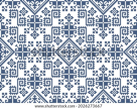 Zmijanjski vez embroidery style vector seamless pattern - textile or fabric print ispired by cross-stitch folk art designs from Bosnia and Herzegovina. Traditional Balkan decoration