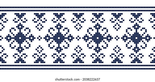 Zmijanjski vez traditional vector folk art seamless lonng horizontal pattern - textile or fabric print design inspired by cross stitch designs from Bosnia and Herzegovina. Retro Balkan embroidery 