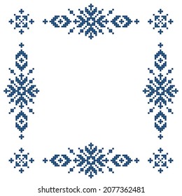 Zmijanski vez Bosnia and Herzegovina cross-stitch style vector frame or bords design  - traditional folk art emrboidery pattern. 
Balkan Zmijanje heritage ornament, old navy blue hand-made background 