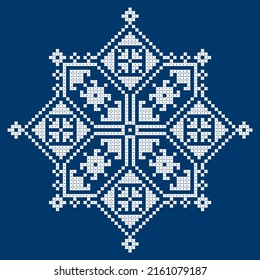 Zmijanski vez Bosnia and Herzegovina cross-stitch style vector design square ornament  - traditional folk art design in white on navy blue. Balkan Zmijanje heritage ornament, old hand-made background 