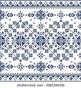 Zmijanski vez cross-stitch style vector folk art seamless pattern - traditional textile or fabric print repetitive design from Bosnia and Herezegovina. Geometric Balkan embroidery