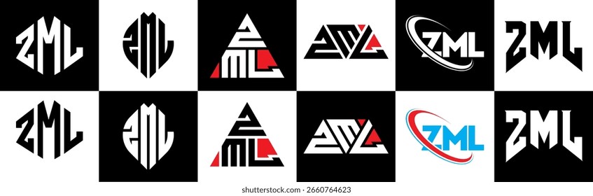 Diseño de logotipo de la letra de ZML en seis estilos. ZML polígono, círculo, triángulo, hexágono, estilo plano y simple con logo de letra de variación de color blanco y negro en una mesa de trabajo. Logotipo minimalista y clásico de ZML
