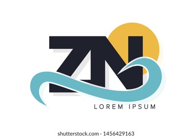 ZN letter logo with ocean waves and sunset. Beach concept design