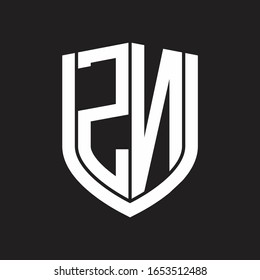 Monograma del logotipo ZN con diseño de escudo de emblemas aislado en fondo negro