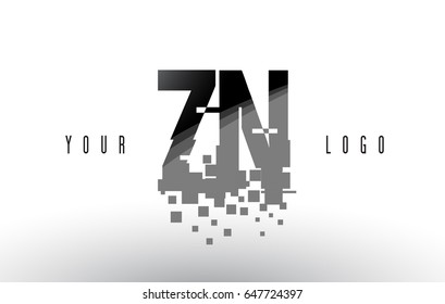 ZN Z N Pixel Letter Logo with Digital Shattered Black Squares. Creative Letters Vector Illustration.