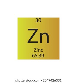 Zn Metal de transición de zinc Elemento químico Tabla periódica. Ilustración vectorial cuadrada plana simple, icono de estilo limpio simple con masa molar y número atómico para laboratorio, ciencia o clase de química.