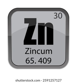 Zn Zincum 65.409. Number 30 text. Gray chemical tile. Vector periodic icon.