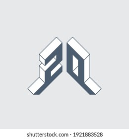 ZO or 2O - monogram or logotype. Volume alphabet. Three-dimension letter Z and number 0. Isometric 3d font for design. Number 20.