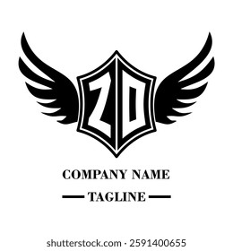 ZO bold shield logo with wings, customizable with letters A to Z. Perfect for brands seeking a powerful symbol of strength, freedom, and ambition