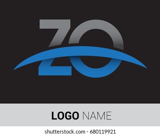 ZO initial logo company name colored grey and blue swoosh design.