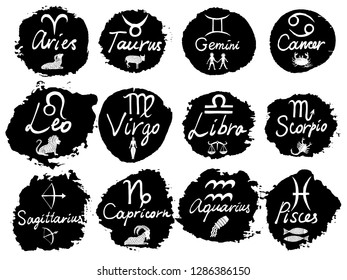 Zodiac 12 signs Capricorn Aquarius Pisces Aries Taurus Gemini Cancer Leo Virgo Libra Scorpio Sagittarius icons and name hand writing lettering calligraphy,  hand drawn symbols. Vector.