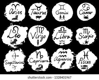 Zodiac 12 signs Capricorn Aquarius Pisces Aries Taurus Gemini Cancer Leo Virgo Libra Scorpio Sagittarius icons and name hand writing lettering calligraphy,  hand drawn symbols. Vector.