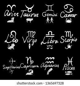 Zodiac 12 signs Capricorn Aquarius Pisces Aries Taurus Gemini Cancer Leo Virgo Libra Scorpio Sagittarius icons and name hand writing lettering calligraphy,  hand drawn symbols. Vector.