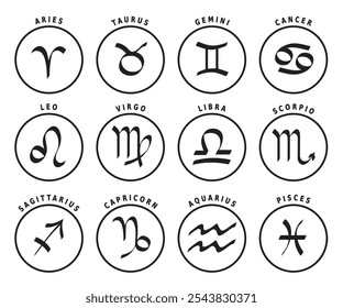 Zodíaco 12 signos Ícones, Doze Ícones Astrologia com Nomes em Preto e Branco