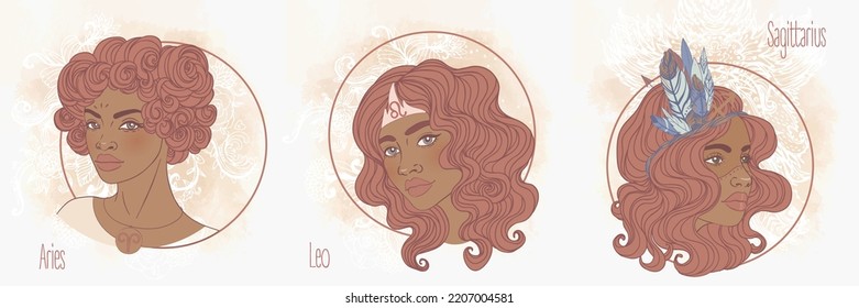 Zodiac african girls set. Fire. Vector illustration of Aries, Leo and Sagittarius astrological signs as a beautiful blackwoman. Future telling, horoscope, alchemy,  fashion. 