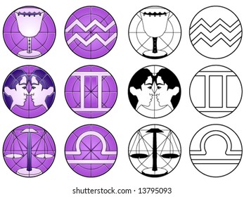 Zodiac air signs (aquarius, libra and gemini) in suncatcher style and black & white - others available