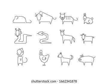 Zodiac animal icons set on white background.