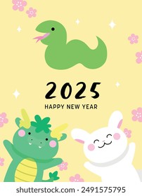 Zodiac animals celebrating chinese new year of the snake. Dragon, rabbit and snake greeting card for new year 2025.