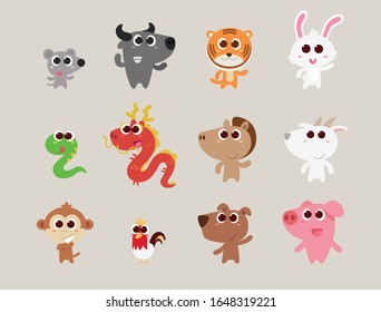 Zodiac animals are cute flat cartoon style standing and smile.