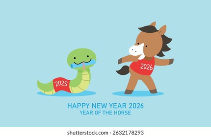 Zodiac animals relay race vector illustration. Zodiac snake and zodiac horse for year of the horse 2026 celebration. Lunar new year of the horse 2026 greeting card or banner vector.