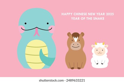 Zodiac animals snake horse and sheep characters set illustration. Chinese new year of the snake 2025, new year of the horse 2026 and new year of the sheep 2027.