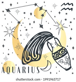 Zodiac aquarius boho magical vintage distressed art symbol or label. Horoscope sign line art silhouette design vector illustration. Creative decorative elegant astrology zodiac emblem