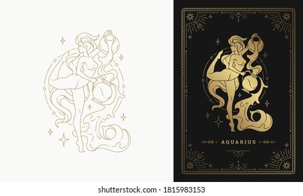 Zodiac aquarius girl character horoscope sign line art silhouette design vector illustration. Golden symbol with frame for feminine astrology card template or poster.
