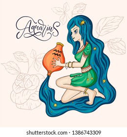 Zodiac Aquarius Girl Vector Sign. Cartoon horoscope astrology illustration. Horoscope drawing.