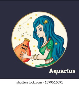 Zodiac Aquarius Girl Vector Sign. Cartoon astrology round badge illustration. Horoscope drawing.