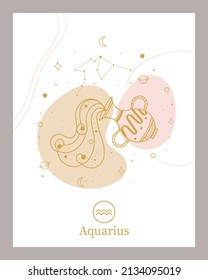 Zodiac Aquarius horoscope sign line abstract art silhouette design vector illustration. Creative decorative, Aquarius emblem template for mystic logo, calendar print in boho minimal style	