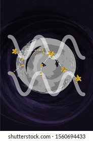 Zodiac Aquarius sign A4 print poster with constellation symbol. Vector illustration banner. Wall art cosmic print.