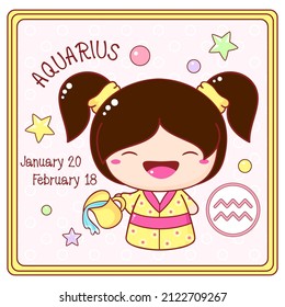 Zodiac Aquarius sign character in kawaii style. Cute chibi little girl in kimono. Square card with Zodiac symbol, date of birth and cartoon baby girl. Vector illustration EPS8